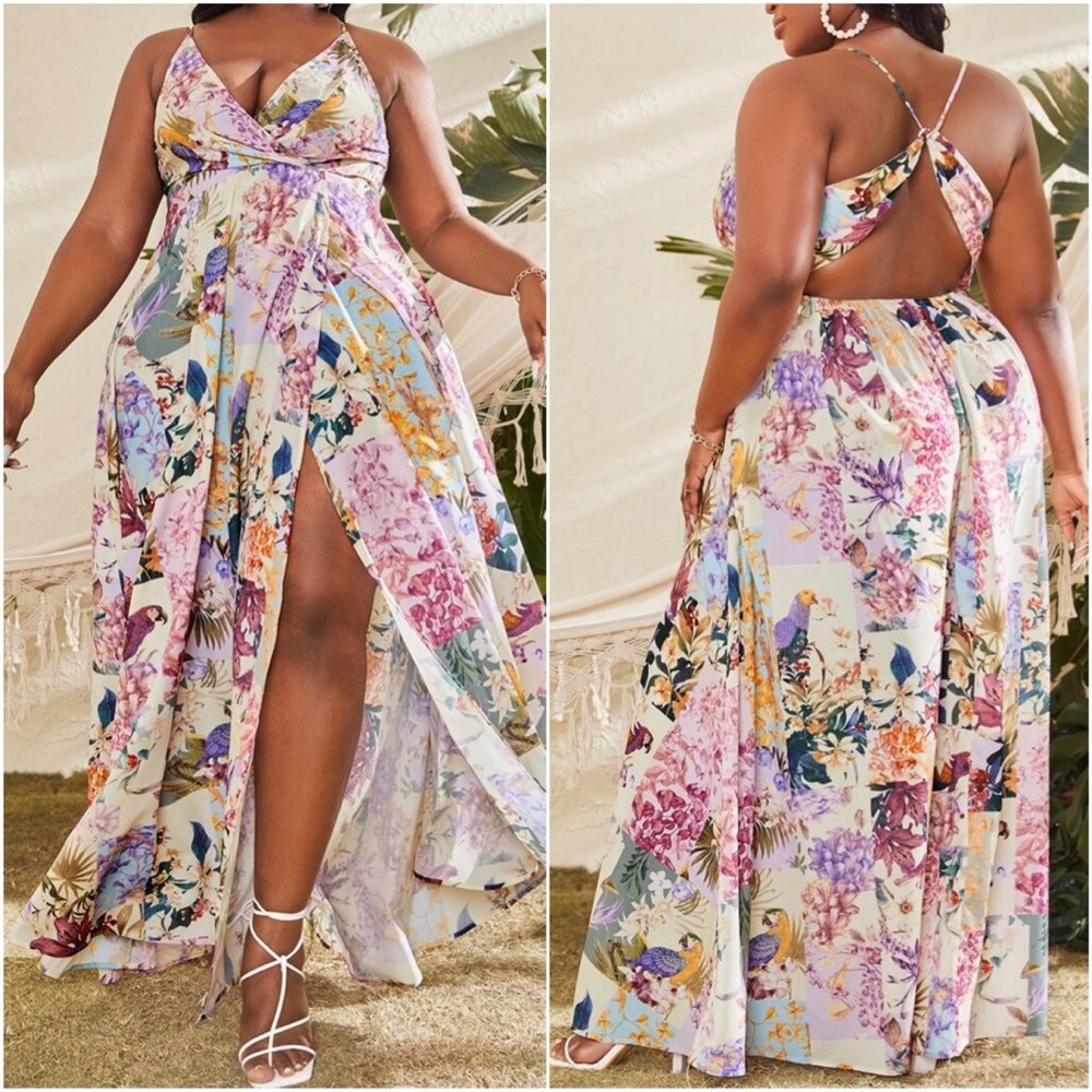Boho Floral Print Criss Cross Back Maxi Wedding Party Dress - Picture 3 of 5